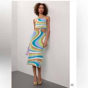 NWOT Blue and Green Midi Pencil Dress with Cut Out